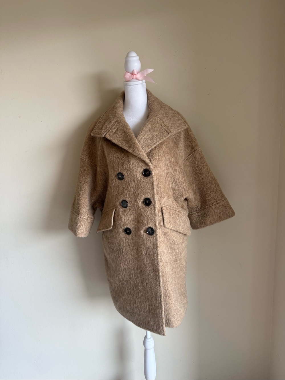 Tory Burch Tan Double-Breasted Wool Blend Coat